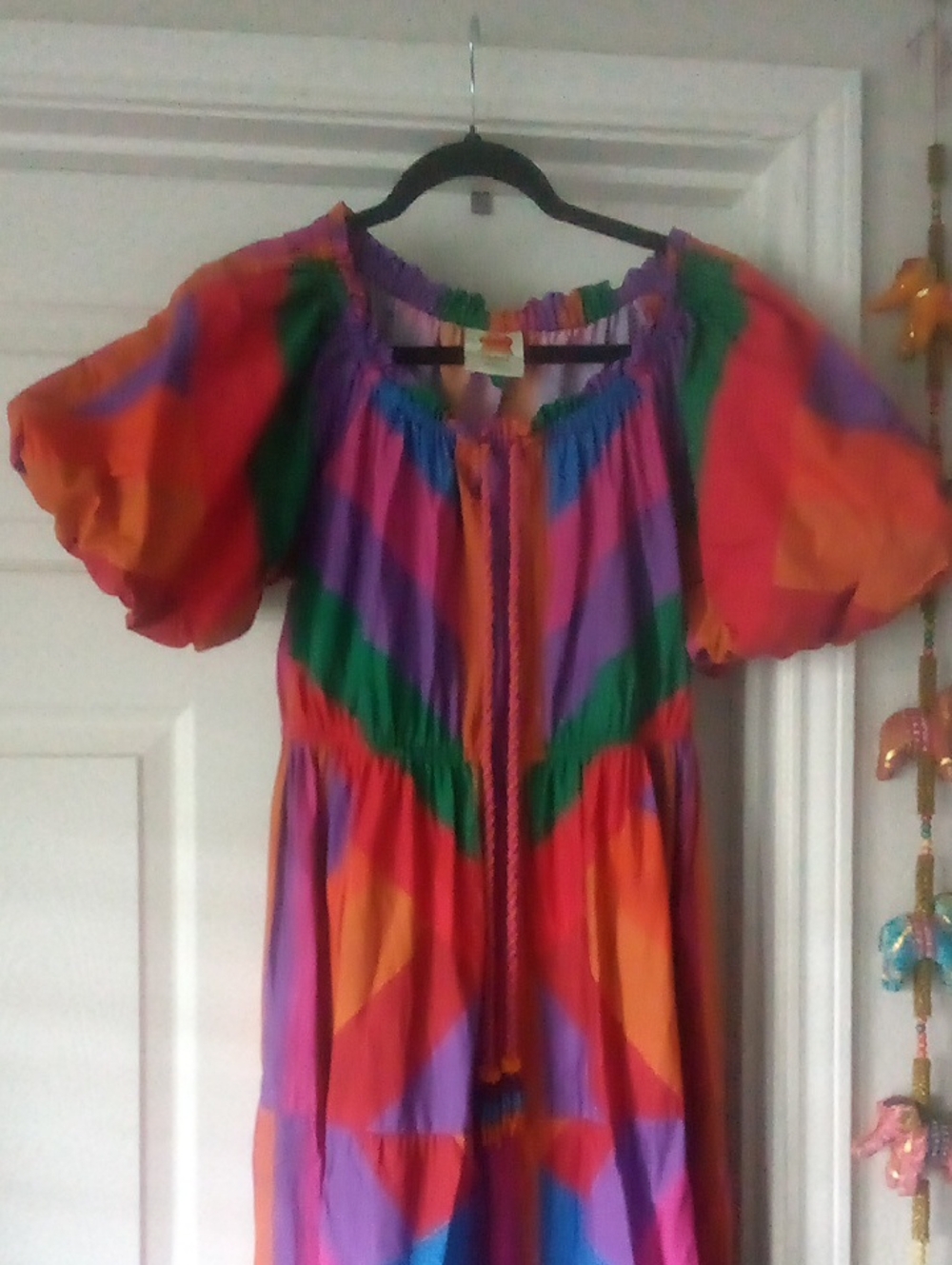 FARM RIO RAINBOW STRIPES Boho Dress with Puff Sleeves